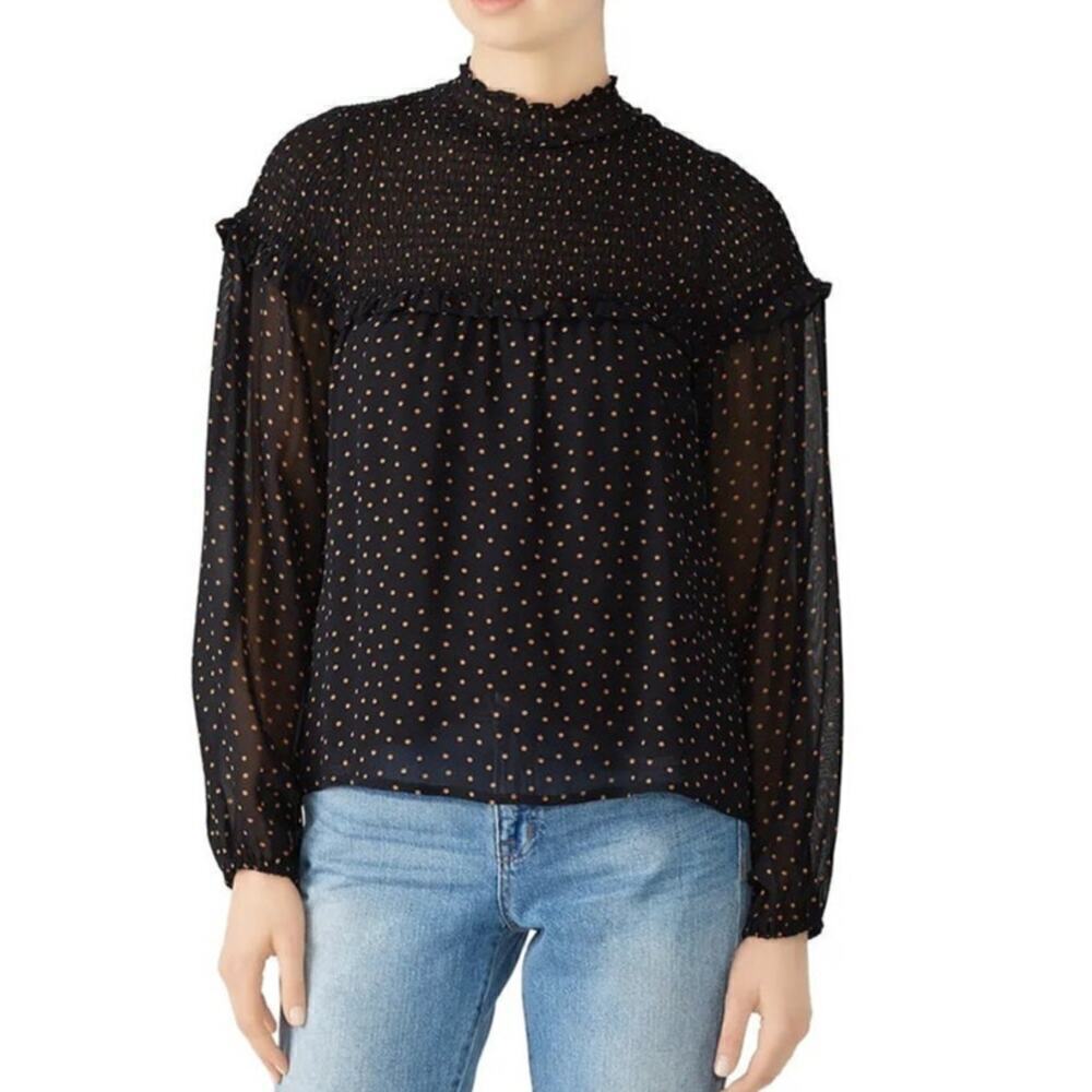 Sanctuary Bria Top Polka Dot Smocked Ruffle Long Sleeve Top Black Orange S